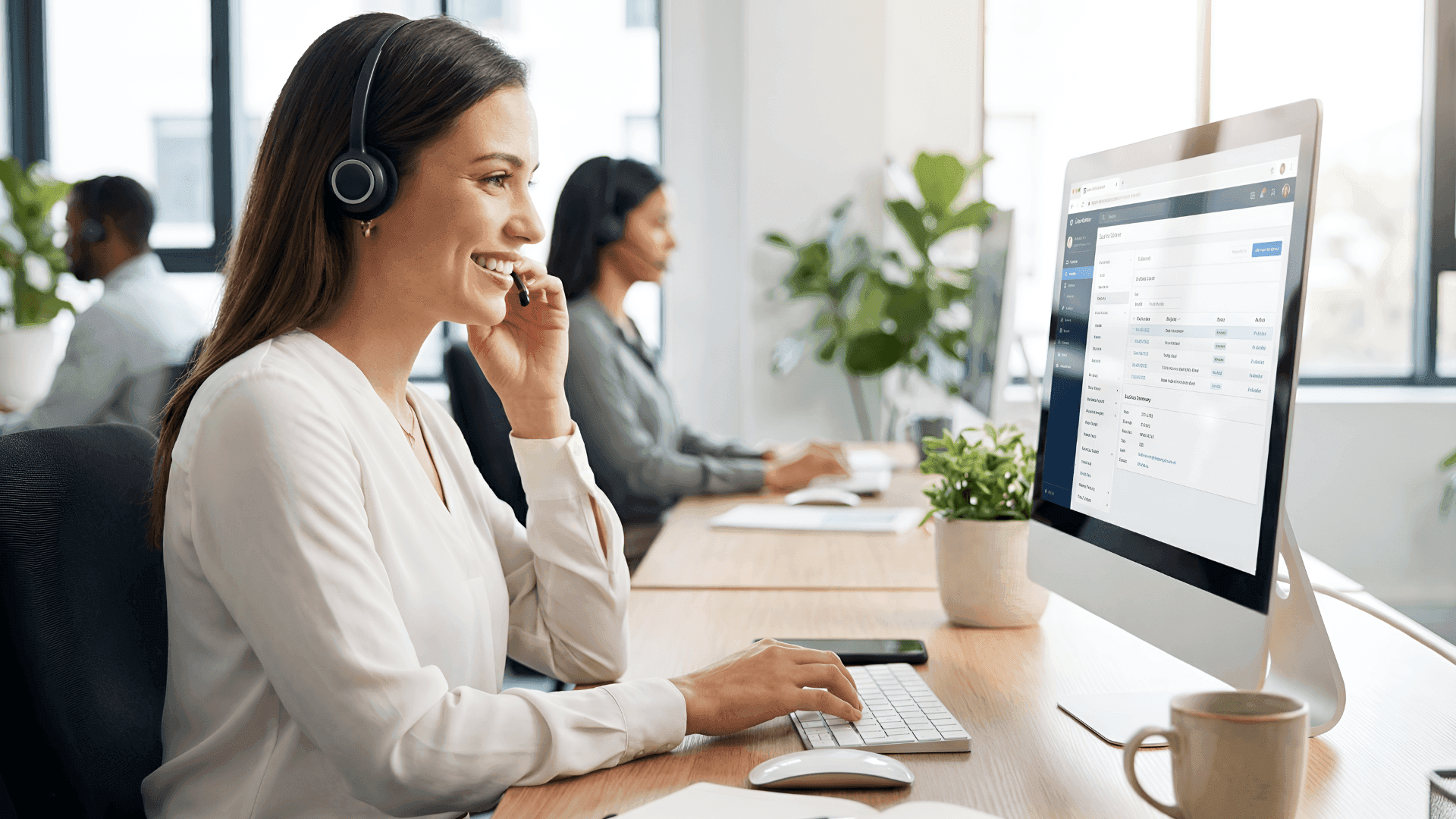 Smiling woman with a headset works at a computer in a modern office.