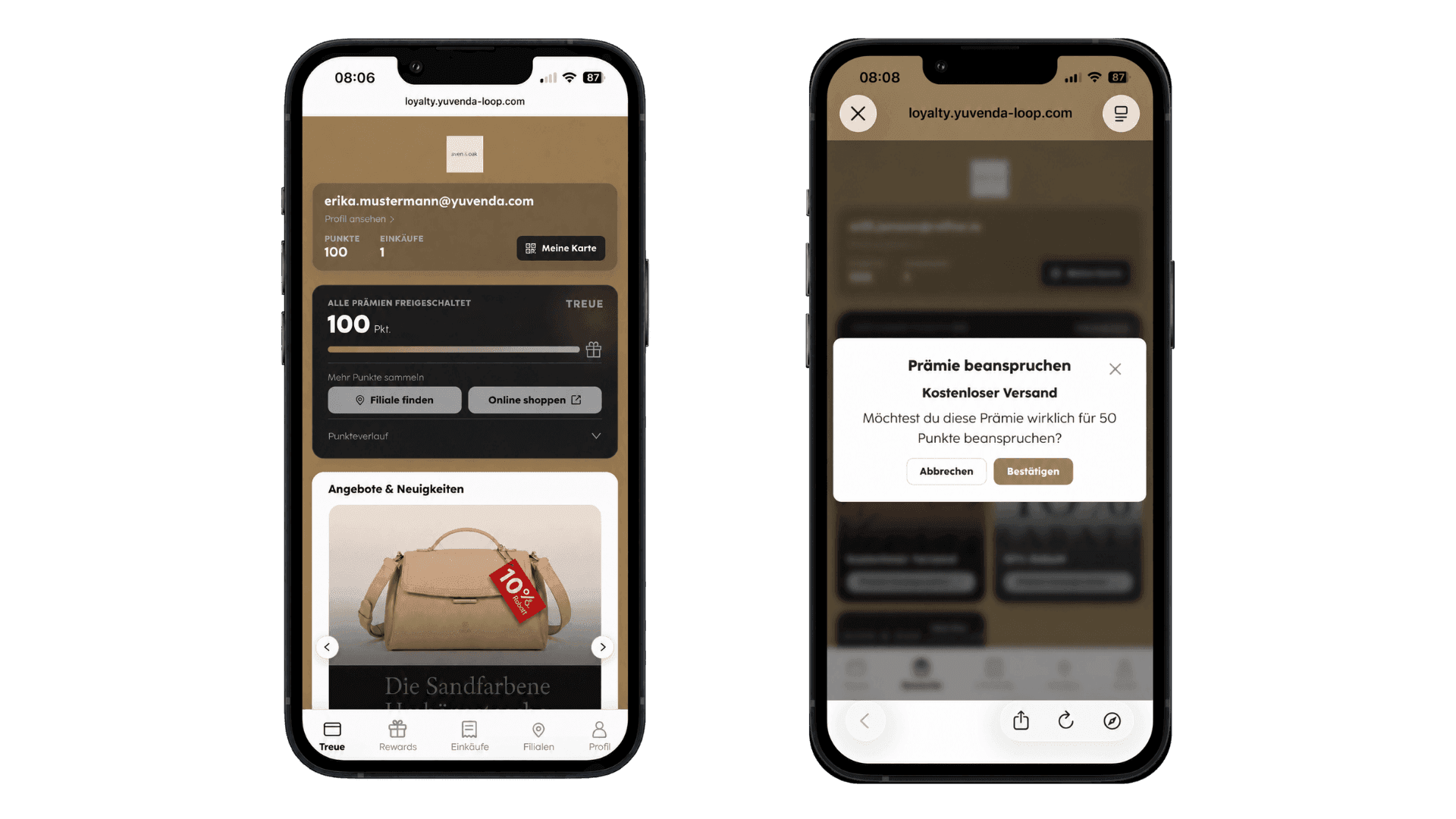Two iPhones display a mobile app: one with a product listing, the other with a confirmation dialog.